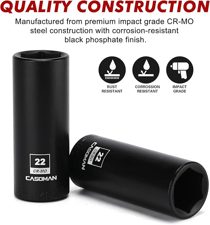 CASOMAN 1/2-Inch Drive x 22mm Deep Impact Sockets, 2 PCS Set, 6-Point, Metric, CR-MO