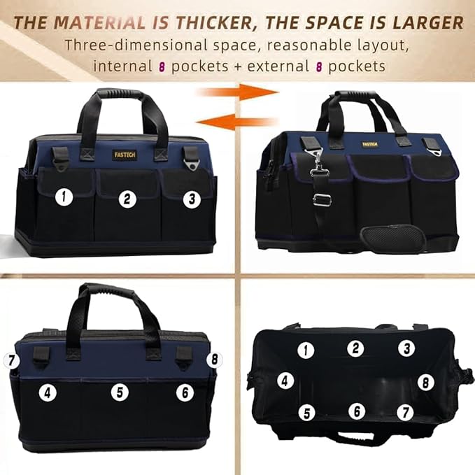 22in Heavy Duty Bottom Tools Bag With Wide Mouth For Tool Storage, Carrier and Organizer, Tote Bag for Men/Women, Wide Mouth Tool Bags With Inside Pockets (22 Inch)