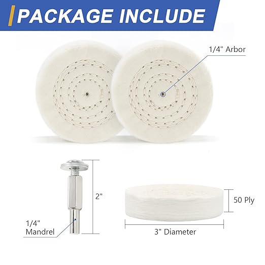 SCOTTCHEN Buffing Polishing Wheel 3" Fine Cotton (50 Ply) 1/4" Arbor with 1/4" Mandrel for Drill - 2Pack