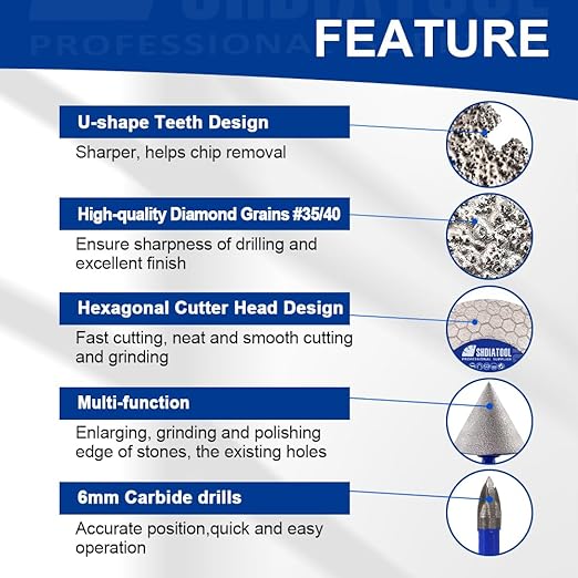 SHDIATOOL Diamond Tile Drill Bits Kit 13pcs, Porcelain Hole Saw Sets, Core Bits Cutter for Drilling Ceramic Marble Granite (6/8/10/20/25/28/32/35/45/65MM/2/4.5"/6MM)