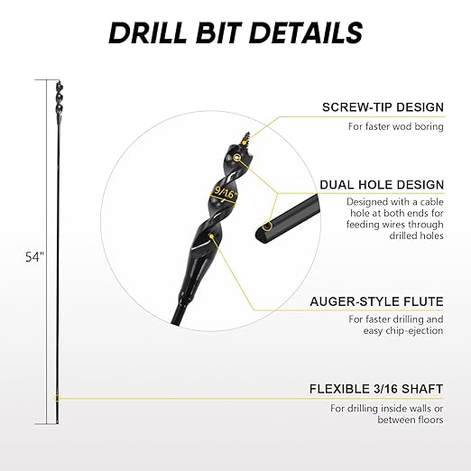 HANSHAN 54× 3/16 ×9/16 Head Flexible Installer Drill Bit Fish Bit for Pulling Wire Through Tight Spaces with Minimal Damage -1 Pack
