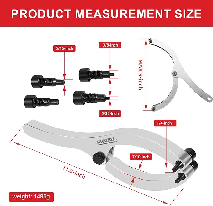 11.8 Inch Heavy Duty Gland Nut Wrench Set, Adjustable Spanner for 2-9" Hydraulic Cylinders, Includes 5/32", 1/4", 5/16", and 3/8" Pins, Gloves & Towel
