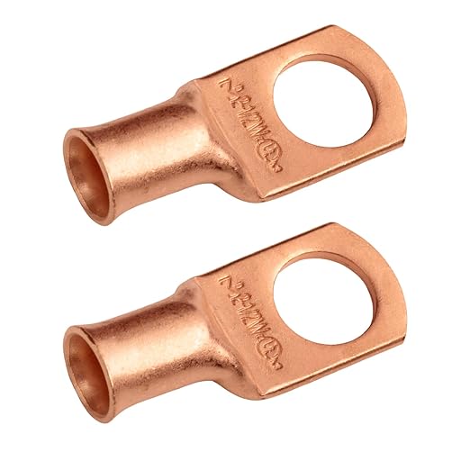 SELTERM 2pcs 2 AWG 1/2" Stud Copper Wire Lugs, Ring Terminals, Battery Cable Ends, 2 Gauge Ring Terminal Connectors, UL Heavy Duty Bare Copper Eyelets Battery Terminal Connectors