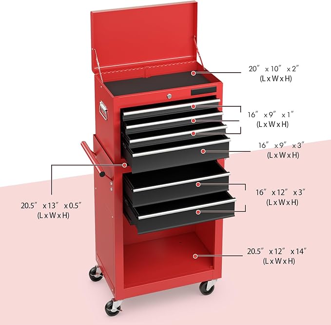S AFSTAR 6-Drawer Rolling Tool Chest, High Capacity Tool Storage Cabinet with 4 Hooks, Locking System and Universal Wheels, 2-in-1 Detachable Large Toolbox for Garage Workshop (Black & Red)