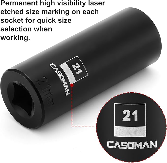 CASOMAN 1/2-Inch Drive x 21mm Deep Impact Socket, 2PCS Set, 6-Point, Metric, CR-MO