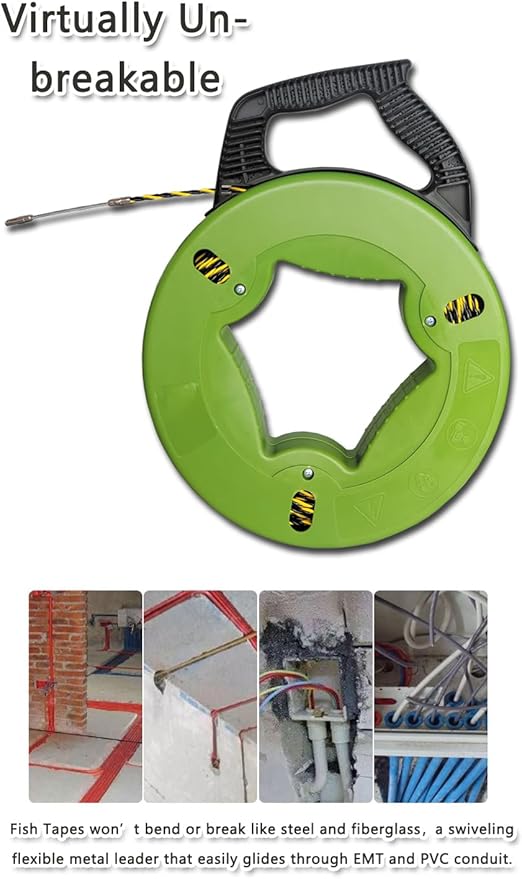 Fish tape wire puller 1/6-Inch x 165-Foot electrical fish tape 165ft PET Diameter 3 Wires Twisted with Guide Spring Optimized Housing and Handle fish tape 【4.5mm*50m】