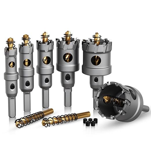 Hole Saw 8 PCS, Hole Saw for Metal, TCT Hole Cutter, 6Drill Saws with 2* Extra Pilot Center Bits, 2* Springs for Metal, Iron and Stainless Steel, Hard Materials