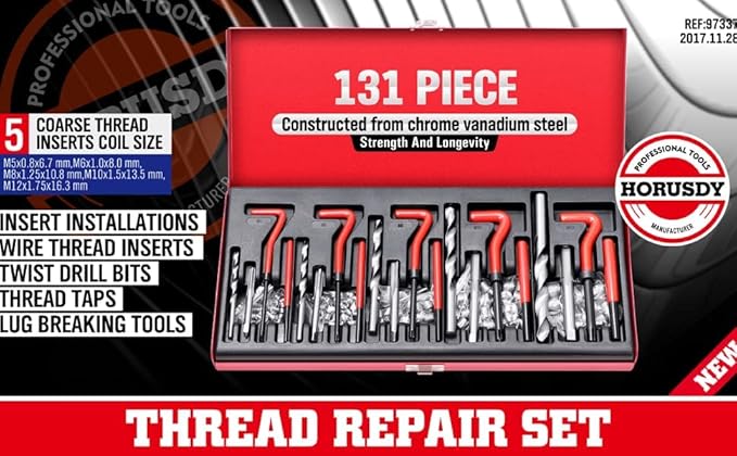 Metric Helicoil Thread Repair Kit: 131-Piece Heli Coil HSS Drills Inserts Taps & Tools M5 M6 M8 M10 M12 Automotive Engine Spark Plug Cylinder Insertion Rethreading Tools Universal Rethread Restorer