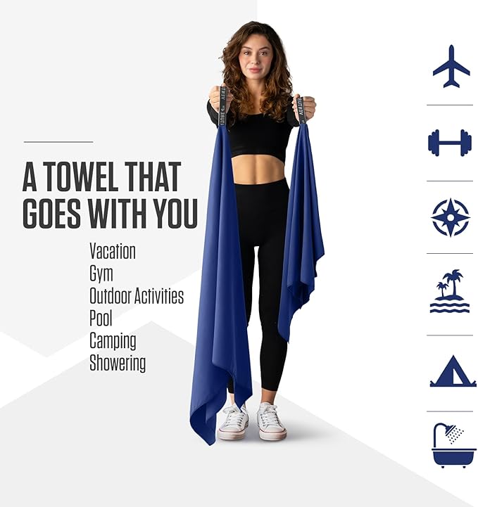 VENTURE 4TH Quick Dry Towel. Microfiber Travel Towel Ideal for Camping, Hiking, Backpacking, Gym. Lightweight & Fast Drying Travel Towels for Body. Compact & Easy to Pack - Navy Blue Large