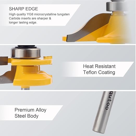 3PCS 1/4" Shank Router Bit Set, Raised Panel Cabinet Door Making Router Bits, Cemented Carbide Router Bits, Woodworking Tools Router Door & Window Bits (Tenon Joint Cutter Diameter: 1-5/8")