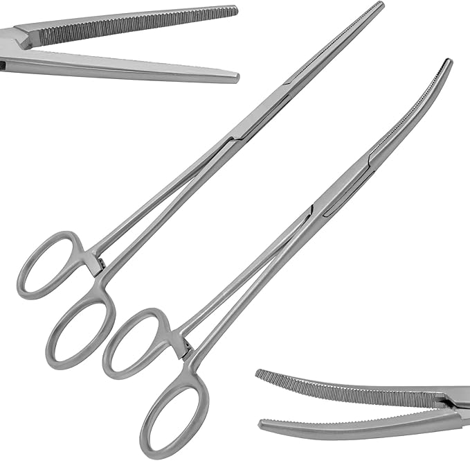 Hemostats ROCHESTER PEAN Forceps Locking Pliers Clamps Tongs Full Serrated Stainless Steel set (Straight 8,10,12 Inches 3 pcs Set)
