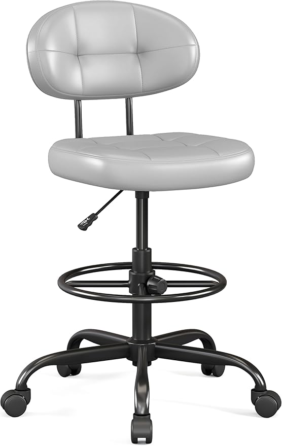 Misolant Drafting Chair, Armless Tall Office Chair with Footrest Ring for Standing Desk, Small Faux Leather Executive Computer Chair with Adjustable Height for Bar Lab Counter Height Desk, Gray