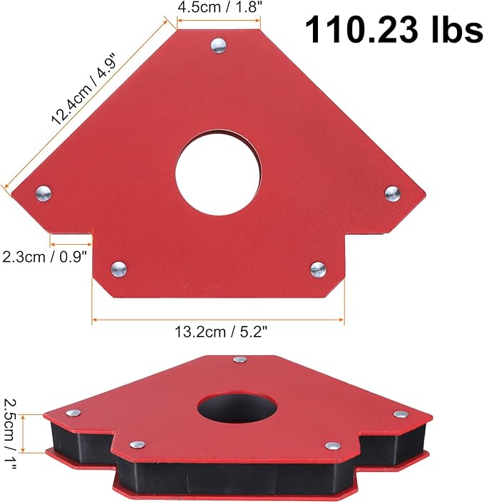 HARFINGTON 2pcs Welding Magnets 110.23 lbs Magnetic Welding Clamp Holder Iron Spray Paint Arrow-Shaped Tool 45, 90, 135 Degree with Center Hole for Fixed Angles, Red