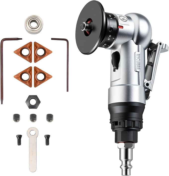 Pneumatic Chamfering Tool Handheld, Mini Air-Powered Chamfering Machine with 4 C-Blades (2 Pre-Installed), 45° Right-Angle Trimming, 1/4 Inch Air Inlet for Metal, Wood Beveling & Deburring