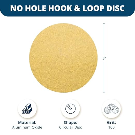 Benchmark Abrasives 5 Inch Sanding Discs Hook and Loop, Aluminum Oxide Stearated Gold No Holes Adhesive Sandpaper for Surface Blending, Automotive - Orbital Sander Sandpaper (50 Discs), 100 Grit