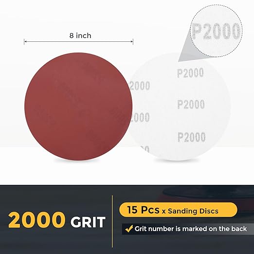 HARFINGTON 15 Pcs 8 Inch Sanding Disc 2000 Grit Hook and Loop Sandpaper Random Orbital Sander Pads for Woodworking Automotive Metal Polishing
