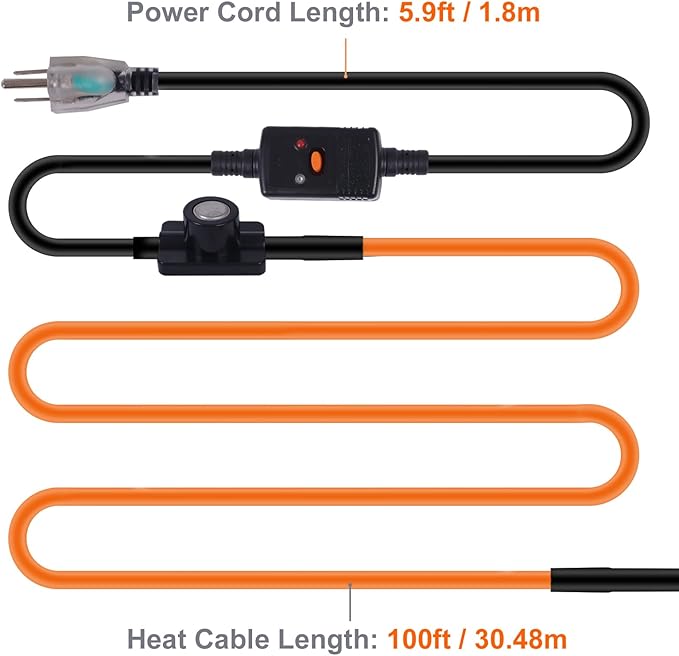 100FT Heat Tape for Water Pipes Freeze Protection IP65 Waterproof 7W/FT 110V BDDFOTO Heat Cable With GFCI Protection and Thermostat,Self-Regulating Pipe Heater for Roof/RV/Water Storage Tank