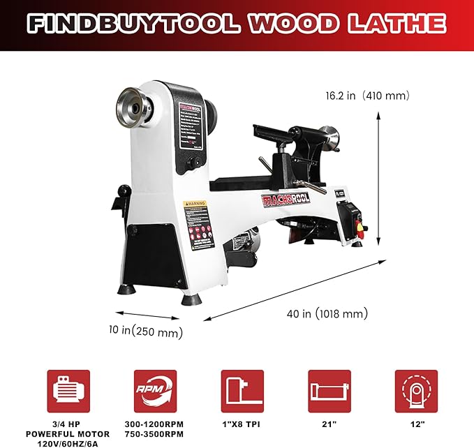 FINDBUYTOOL Wood Lathe, 12" x 21" Benchtop Variable Speed Midi Wood Lathe Machine, 3/4 HP, 6 AMP Motor, 2 Rotational Speed Range Settings (300-3500 RPM), Wood Lathe Machine