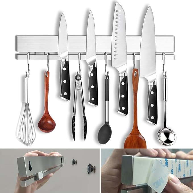 YIIYIIN 17 Inch Magnetic Knife Holder for Wall No Drill,Adhesive Knife Magnetic Strip with 12 Hooks,Kitchen Double Rods Stainless Steel Magnetic Utensil Holder(Silver)
