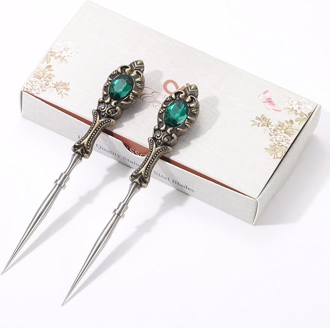 2Pcs Metal Embroidery Awl Set, European Vintage Carved Handle Scratch Awl, Sharp Sewing Awl Tool for Sewing with Storage Cases, Durable and Leather Punch Stitching DIY Craft(Antique Bronze)