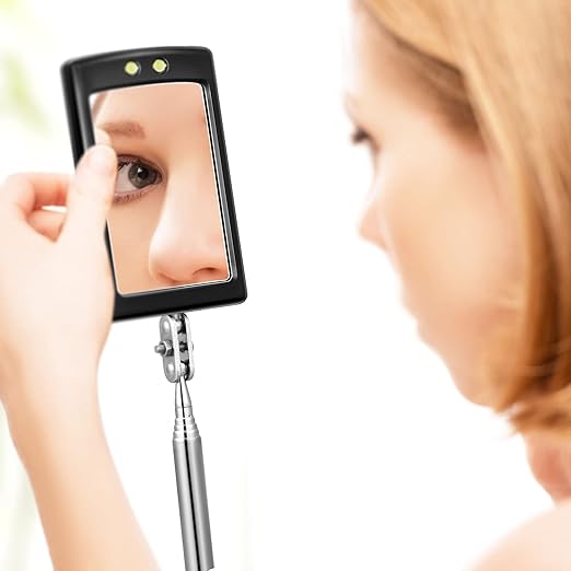 3 Pieces Telescoping Inspection Mirror Round Square Mirror Inspection Tool for Checking Vehicle, Observing Eyelashes Mouth and Other Small Parts(Extended, with Light, Oval Style)