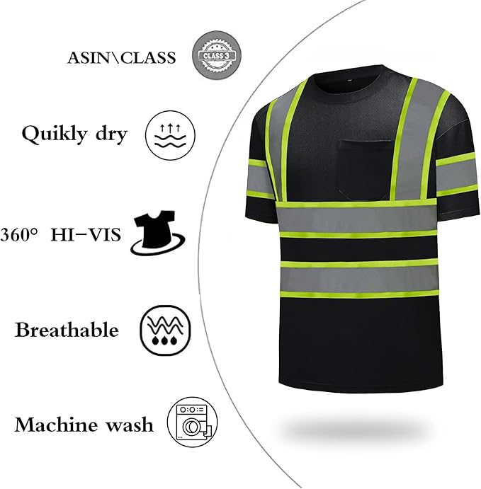 High Visibility Shirts Quick Dry Safety T Shirts with Reflective Strips and Pocket Short Sleeve Mesh Hi Vis Construction Work Class 2 Shirt for Men/Women Black,6XL