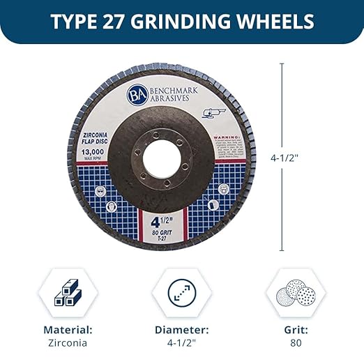 Benchmark Abrasives 4.5" Premium Zirconia Type 27 Flap Discs Grinding Wheels for Sanding Stock Rust Removal Finishing Grinding Deburring Stainless Steel, 7/8" Arbor (10 Pack) - 80 Grit