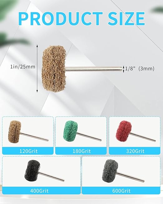 Rocaris 50 Pcs Abrasive Buffing Wheels, 1 inch Abrasive Buffing Polishing Wheels Burr for Rotary Tools-1/8(3mm) Shank, 120Grit, 180Grit, 320Grit, 400Grit, 600Grit