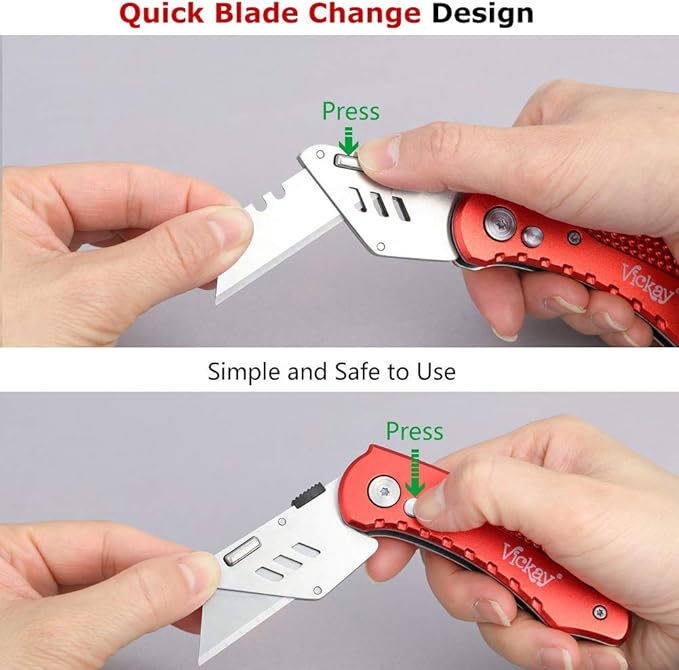 Vickay Box Cutter Folding Utility Knife Heavy Duty with 5 SK5 Quick Change Blades, Safety Axis Lock Design Razor Knife, Lightweight Aluminum Body Belt Clip for Office