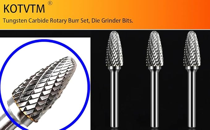 Carbide Burr Set 1/4" Shank SF-3 Die Grinder Bits Tungsten Double Cut Burr Bits (3/8" Cutter Dia X 0.84" Cutter Length) for Die Grinder Kits Metal Grinding Drilling Polishing (3pcs)