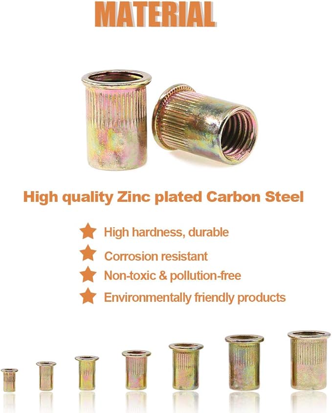 Keadic 220Pcs Metric Zinc Plated Carbon Steel Rivet Nut Flat Head Threaded Insert Nutsert Assortment Kit - 7 Sizes：M3 M4 M5 M6 M8 M10 M12