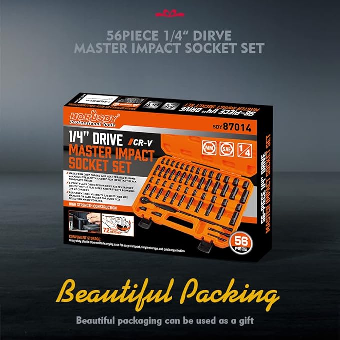 HORUSDY 1/4" Drive Impact Socket Set, 56-Piece Standard SAE (5/32 to 9/16 inch) and Metric (4-15mm) Size, 6 Point, Cr-V, 1/4-Inch Drive Ratchet Handle, Drive Extension Bar, Impact Universal Joint