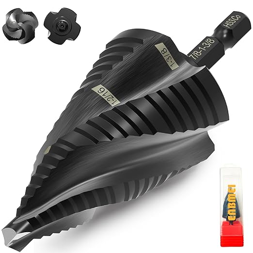 M35 Cobalt Step Drill Bit Four Spiral Flute, 3/16"-1-3/8" (19 Step Sizes) - Ideal for Metal, Stainless Steel, Wood, Plastic - 1/4" Hex Shank