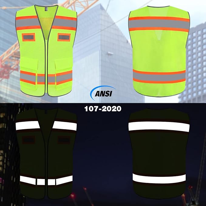 TCCFCCT Mesh Construction Safety Vest with Pockets, High Visibility Reflective Vest for Men & Women, Fluorescent Orange, Meets ANSI/ISEA Standards, Yellow, S