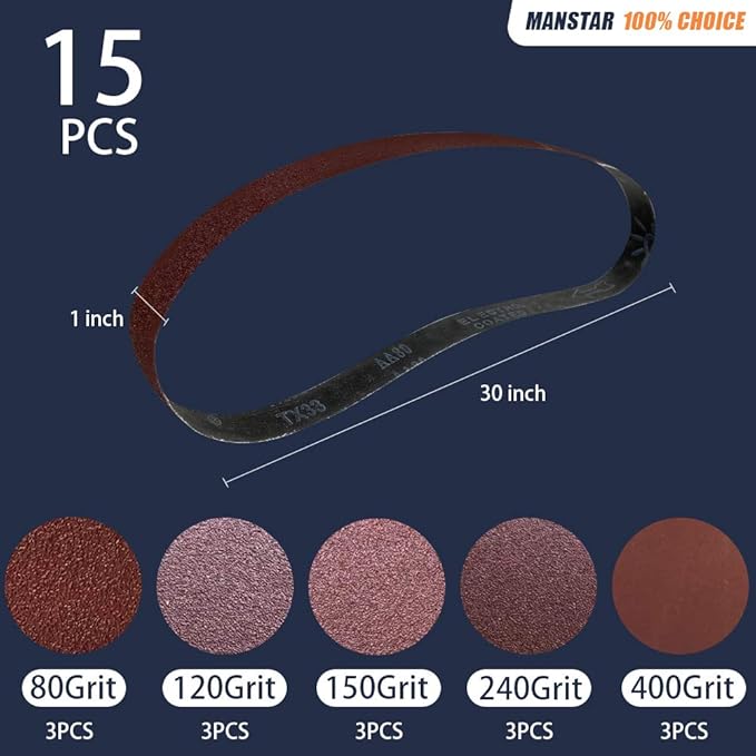 15 Pcs 1 x 30 Inch Assorted Aluminum Oxide Sanding Belt,80/120/150/240/400 Grit