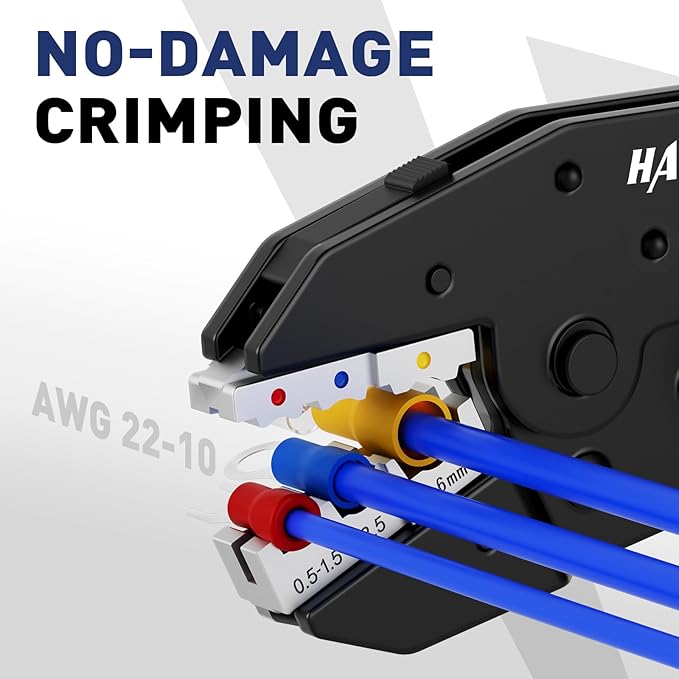 haisstronica Quick Change Jaws Crimping Tool for Insulated Nylon Wire Connectors AWG 22-10 Ratcheting Wire Crimper & Terminals - H5