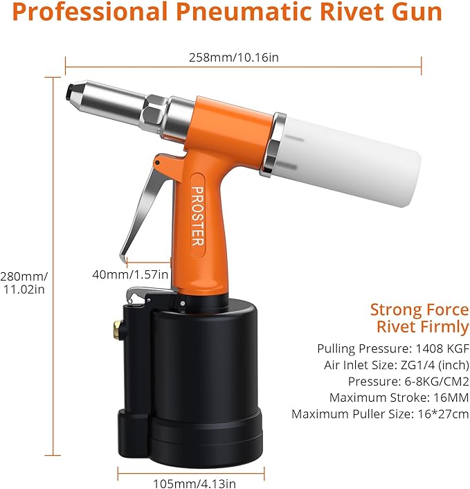 Proster Pneumatic Tool Air Riveter - 3097lbf Pulling Pneumatic Rivet Gun, 6-8KG/C2 Heavy-Duty Air Pop Riveter for 3/32", 1/8", 5/32", 3/16" Capacity
