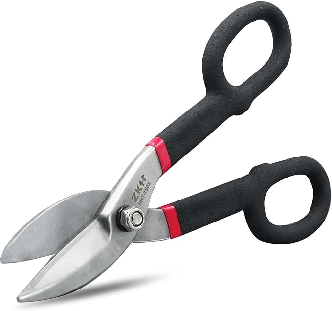 ZKH 10 Inch Tin Snips, Alloy Steel Forged Heavy Duty Metal Shears with Comfortable Two-Color PVC Dipped Plastic Handle, Metal Snips for Cutting Sheet Metal