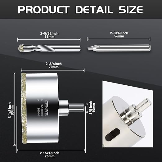 3-1/8inch | 80mm Diamond Hole Saw with Center Drill bit and Diamond-Coated Center Drill bit for Ceramic Glass Marble Fiberglass Granite and Porcelain Tiles by CENYB