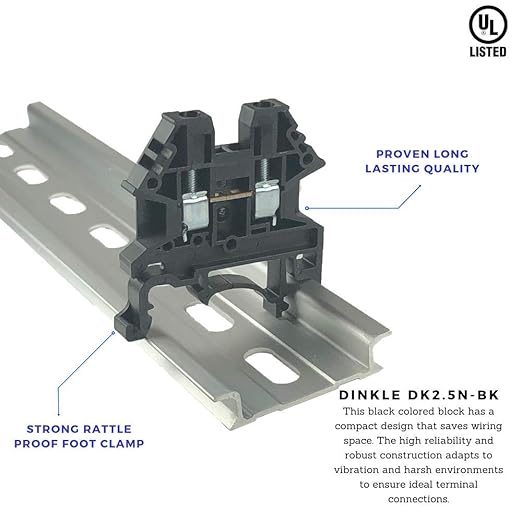 Dinkle Black DK2.5N-BK DIN Rail Terminal Block Screw Type UL 600V 20A 12-22AWG, Pack of 100