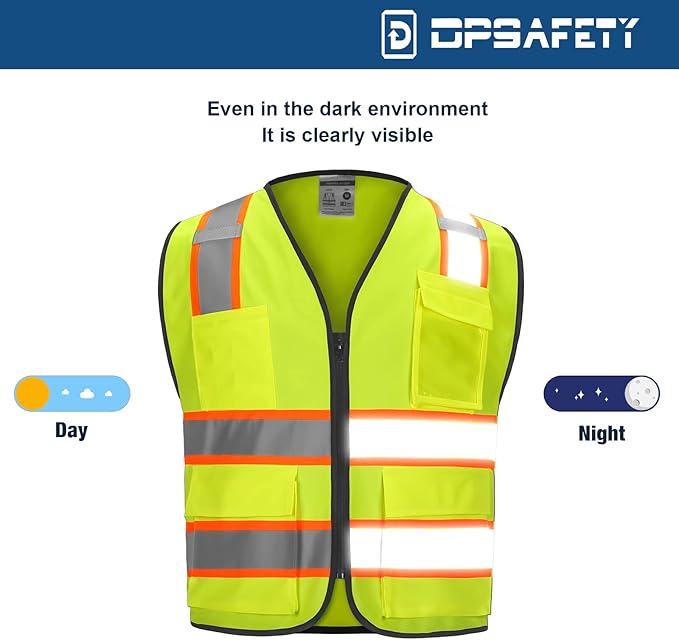 9 Pocket High Visibility Class 2 Safety Vest with 2 Inch Wide Reflective Strips Zipper Construction Work Vest for Men & Women Lime, 5XL