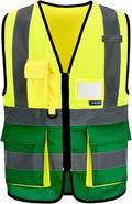 A-SAFETY Reflective Safety Vest, Hi Vis 9 Pockets High Visibility Zipper Front Safety Vest, Yellow&Green Color Mixed, L
