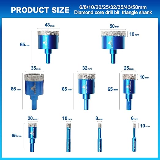 Diamond Hole Saw Kit - Porcelain Tile to Granite Drilling, 9pcs Diamond Drill Bits with Triangle Shank (6 8 10 20 25 32 35 43 50mm)