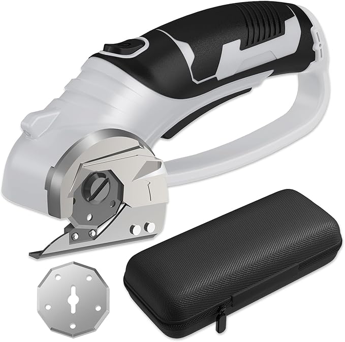 Cordless Electric Scissors, 4V Box Cutter & Cardboard Cutter with 2 Titanium Blades - Rotary Cutter with LED Light for Fabric, Leather, Carpet, Plastic, Crafting + Storage Case (Grey)