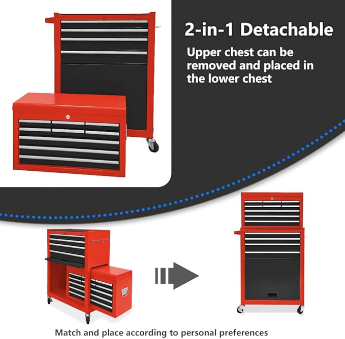 13 Drawers Tool Chest with Wheels,Large Capacity Tool Storage Cabinet with Tool Box, Locking Mechanical Tool Cart with Liner,Suitable for Garages, Warehouses-Black&Red
