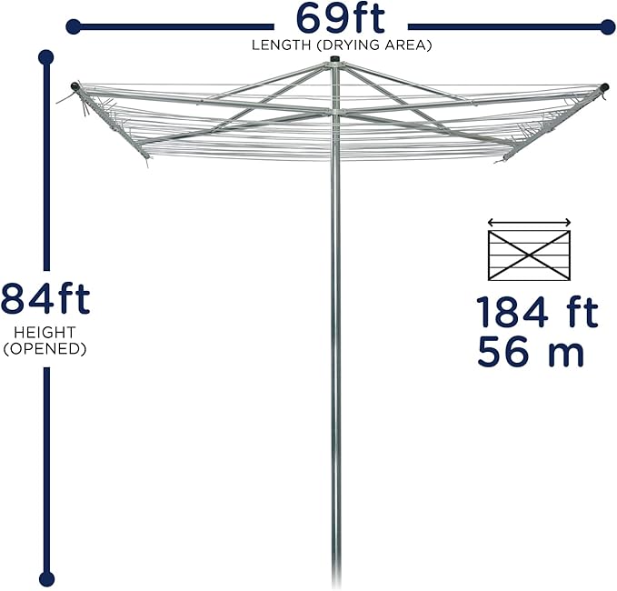 184 FT Umbrella Clothesline Outdoor - Clothes Line Outdoors Heavy Duty Parallel Silver Aluminum Frame with Ground Spike & Socket - Clotheslines for Outside Laundry Drying, Washing Line