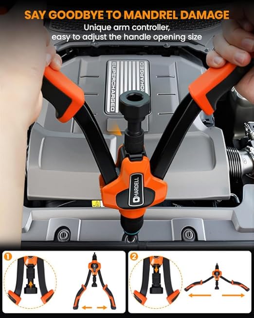 HARDELL Rivet Nut Tool Kit, 14" Rivnut Tool Kit with 6 Upgraded Interchangeable Mandrels & 80PCS Rivet Nuts, Thickened Nutsert Tool with Double-Curved Grip (2025 New Version)