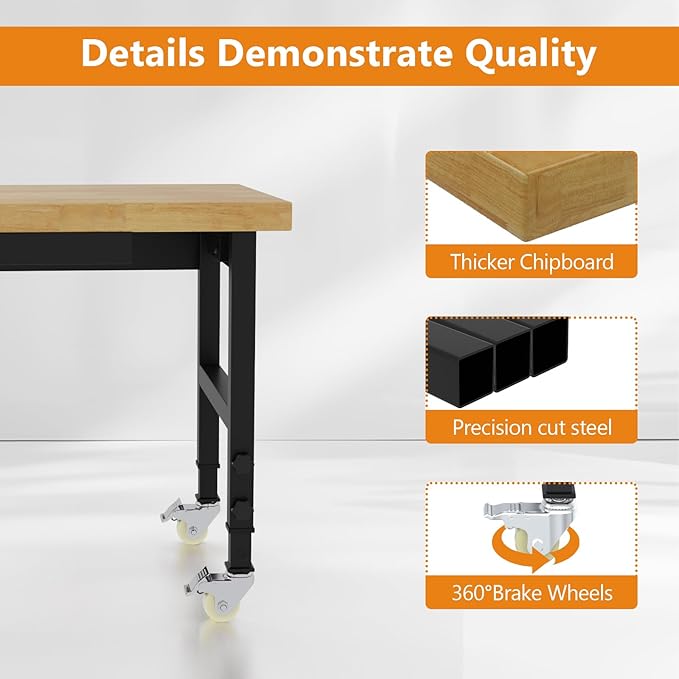 48" Work Bench with Drawers, Adjustable Height Workbench with Wheels, Heavy-Duty Work Table with Power Outlets, 2000 LBS Capacity Workstation for Garage, Workshop, Office, Home