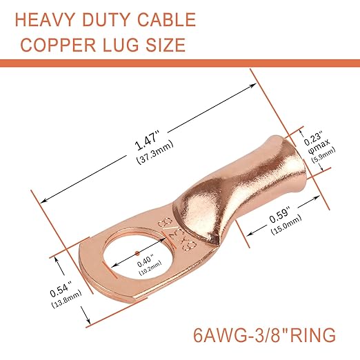 10pcs 6 AWG-3/8”(M10) Ring Terminals 6 Gauge Copper Wire Lugs Battery Cable Ends Heavy Duty Battery Cable Terminal Connectors