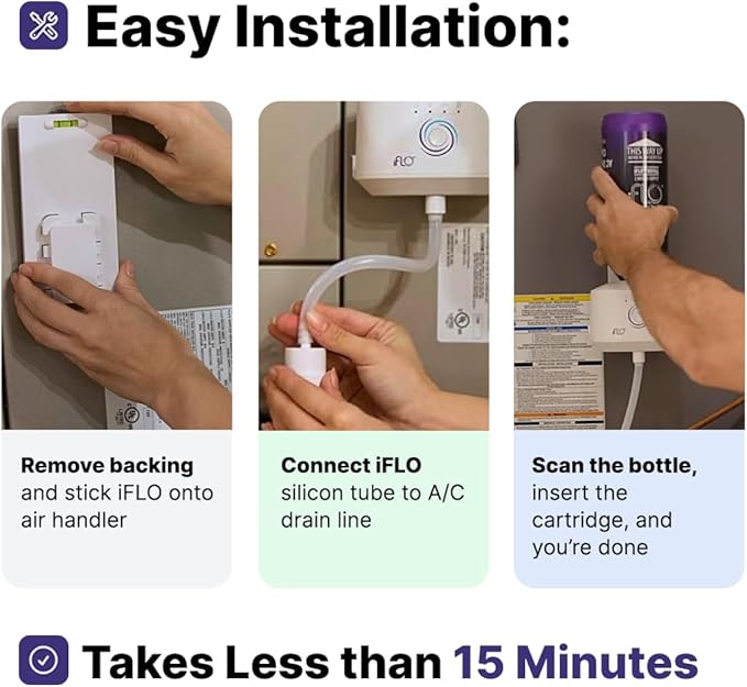 iFLO® Smart A/C Drain Line and Drain Pan Cleaner for HVAC System, Clog-Free, Easy Installation & App-Controlled Air Conditioner Maintenance, Includes 36oz Cleaner Cartridge Concentrate, 6 Month Supply